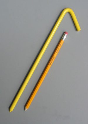 10 inch long steel tarp stake with baked on yellow enamel painted coating with pencil for scale