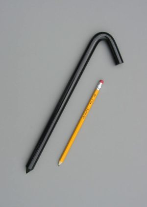 12 inch long hook style stake with a baked on black enamel paint with a pencil for scale