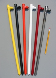 Grouping of six different colors of the 18" forged head tent stakes with a pencil for size comparison
