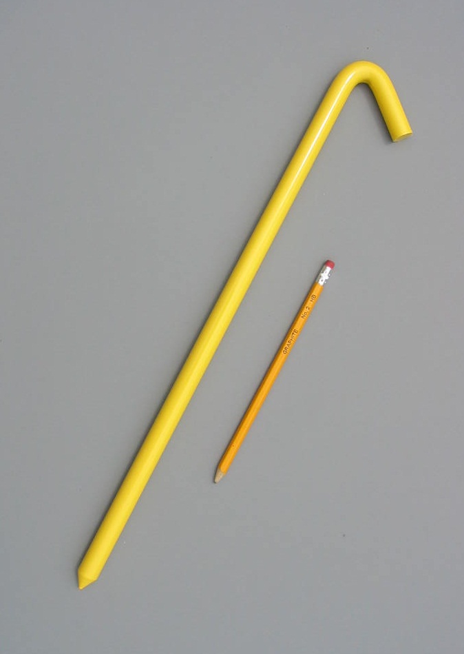 18inch hook style stake coated with a baked on safety yellow enamel paint and a pencil for scale
