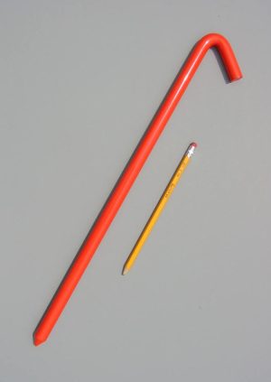 18 inch long hook style stake coated with a baked on safety orange enamel paint with a pencil for scale