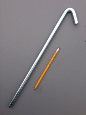 18 inch long steel hook style stake with electroplated zinc finish and a pencil for scale