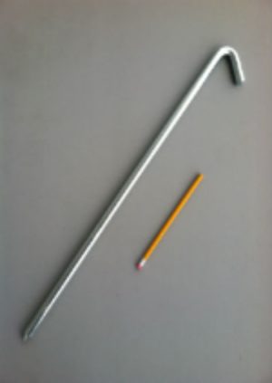 24 inch hook style zinc plated steel tent stake and a pencil for scale