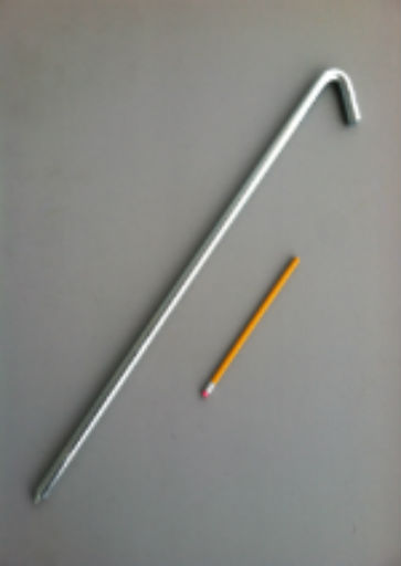 24 inch hook style zinc plated steel tent stake and a pencil for scale