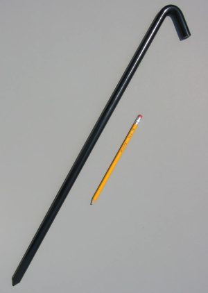 24 inch metal hook style stake in black color and a pencil for scale