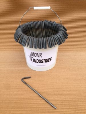 Bucket of 100 10 inch metal tarp stakes unpainted