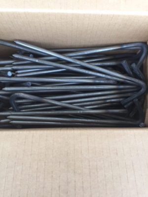 Top down view of open box containing 50 unpainted 10" tarp stakes